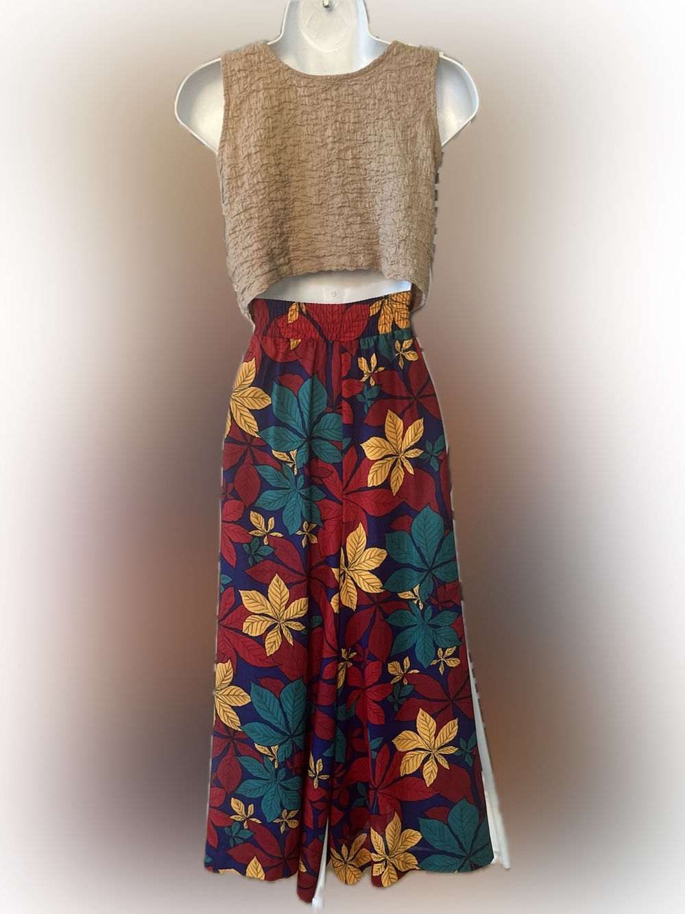 Vintage Cropped Wide Leg Flowy Culottes with Fall Leaf Pattern Size 12